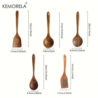 5PCS Thailand Teak Wooden Cooking Spoon Set – Natural Kitchen Ladle, Turner, Rice Colander & Soup Skimmer Utensils