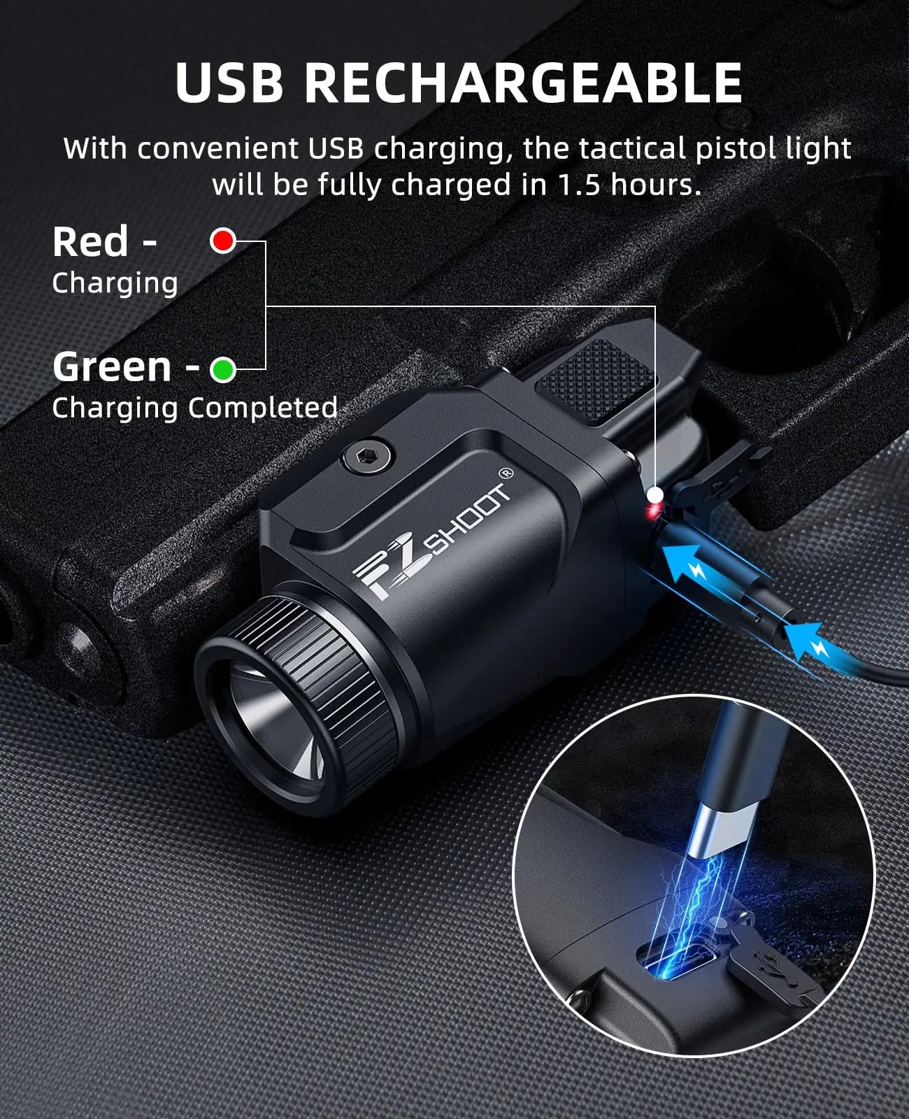 500 Lumens Pistol Light – Rechargeable Flashlight with Strobe Mode for Picatinny & GL Rails, Mini Gun Light