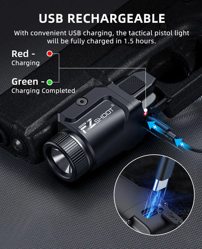 500 Lumens Pistol Light – Rechargeable Flashlight with Strobe Mode for Picatinny & GL Rails, Mini Gun Light