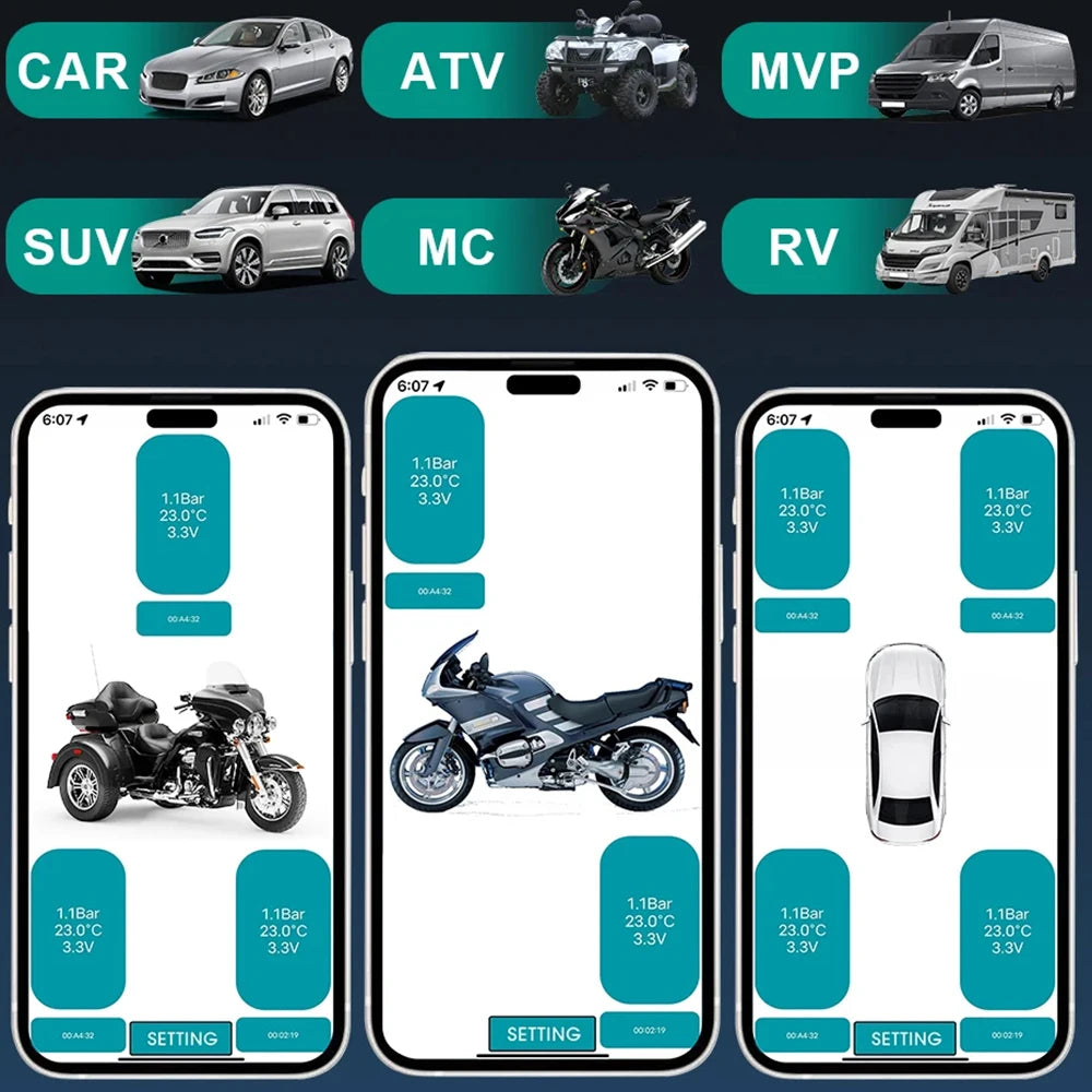 Motorcycle Bluetooth-Compatible TPMS – External Tire Pressure Sensors for Android/IOS Car Monitoring System