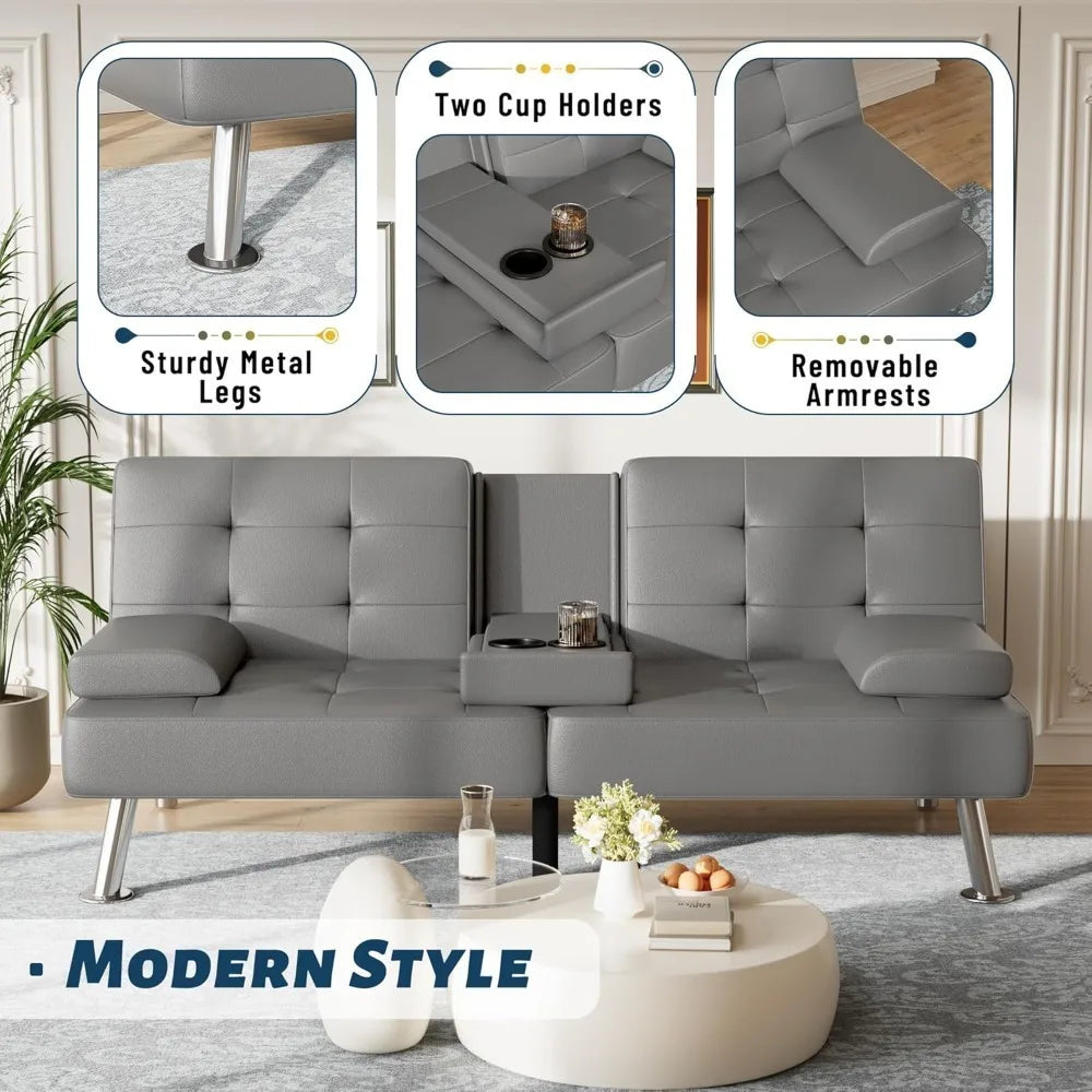 Adjustable PU Leather Futon Sofa Bed with Built-in Cup Holders – Modern Convertible Sleeper Couch
