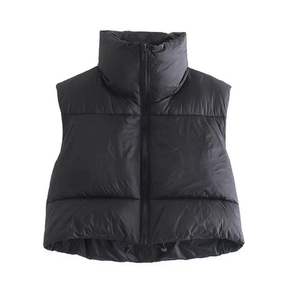 Autumn Winter Women's Short Cotton Down Vest – Warm Quilted Sleeveless Jacket with Stand-Up Collar for Outdoor Travel