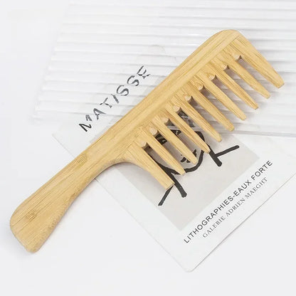 Natural Bamboo Wooden Hair Comb – Anti-Static Afro Fork, Wide Tooth Round Comb & Hair Brush for Women