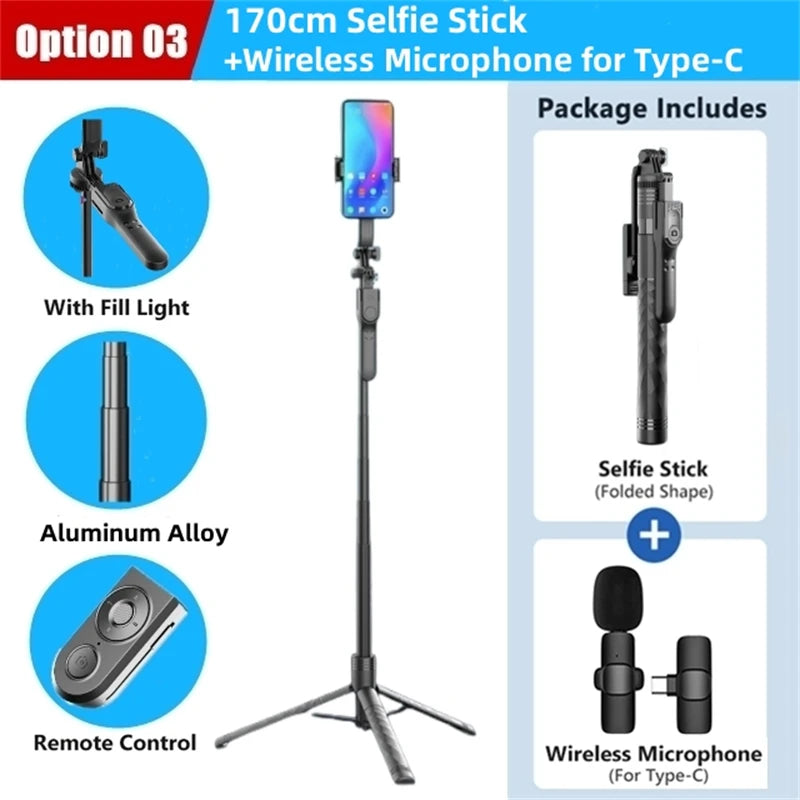 FANGTUOSI 1750mm Wireless Selfie Stick Tripod – Foldable Monopod with LED Light for Smartphones, Steady Live Shooting