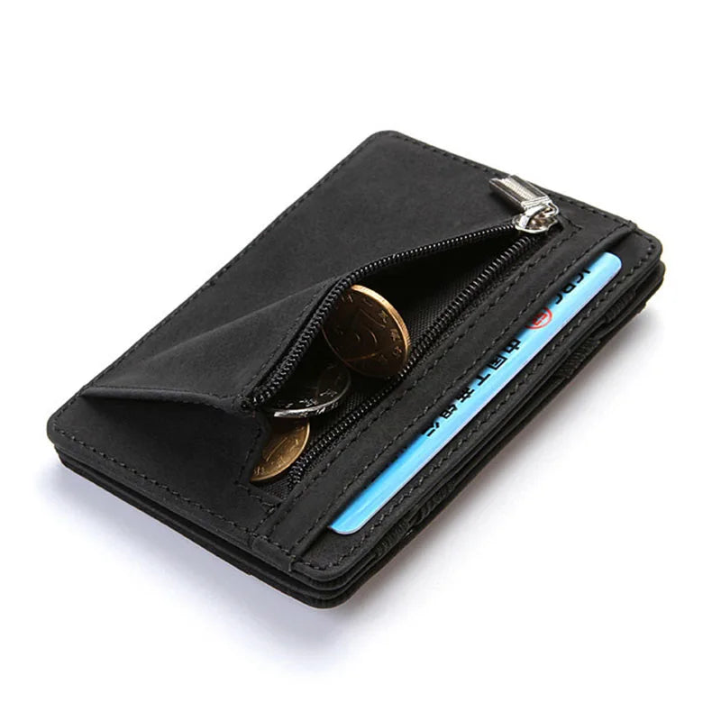Compact Men's Card Holder Wallet: Mini Zipper Coin Pocket, Slim & Stylish Magic Wallet - High-Quality PU Leather, Ideal for Credit Cards and Cash