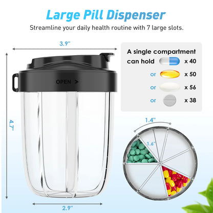 7-Grid Large Pill Organizer – Travel Supplement & Vitamin Storage Case with Straw Containers