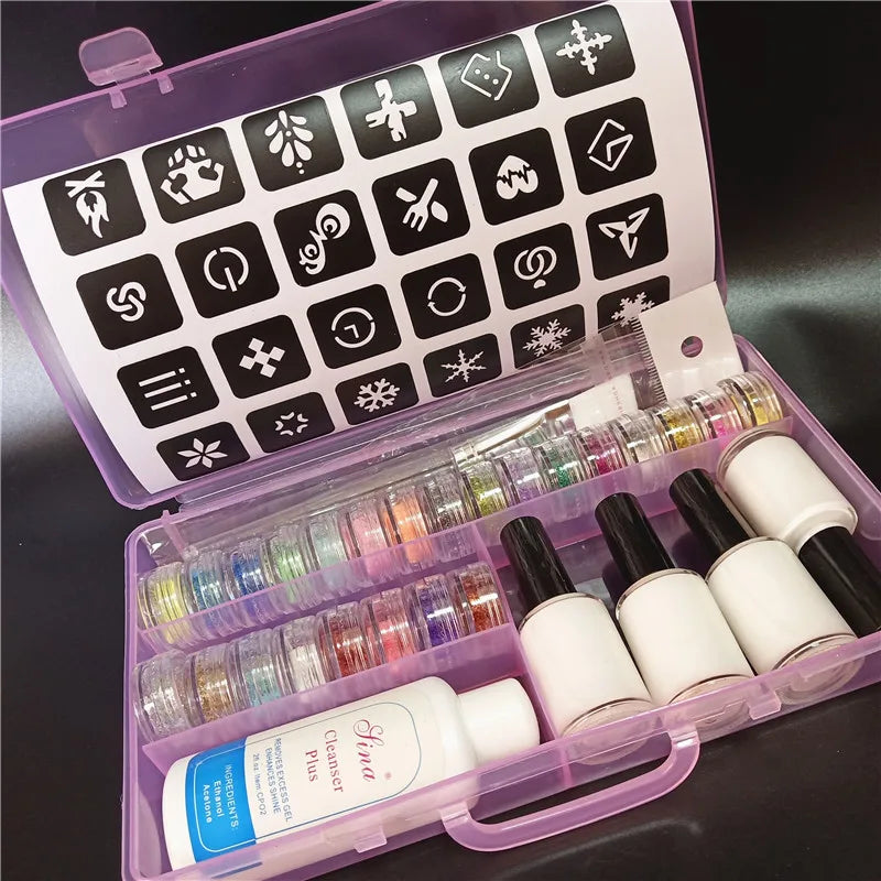 Halloween Glitter Tattoo Kit – Stencils, Glue, Brush & Body Art Makeup Glitter for Kids, Body Painting Powder