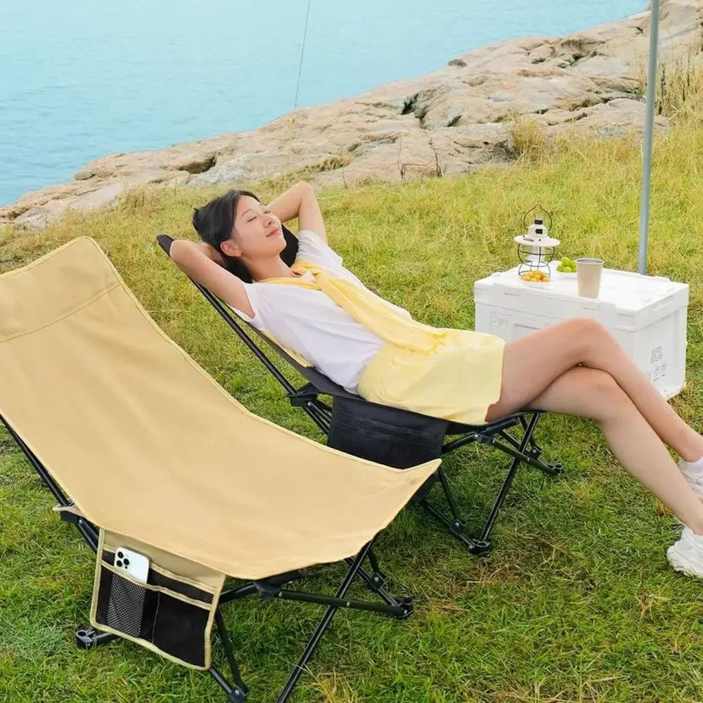 Camping Folding Moon Chair – Portable Ultra-Light Outdoor Chair with Side Pocket for Fishing & Travel