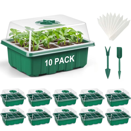 10-Pack Seed Starter Trays with Vent Holes – 12-Grid Mini Greenhouse Planting Kit for Seed Growing & Cultivation