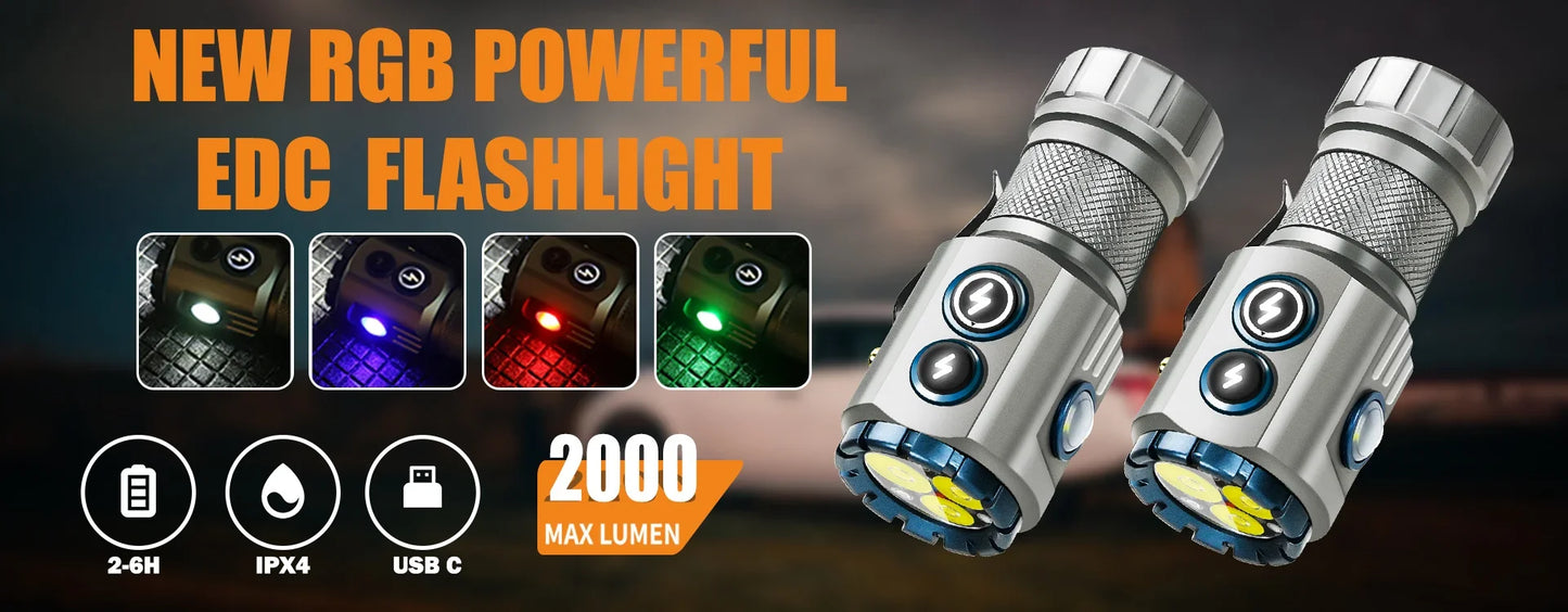 High-Power LED EDC Flashlight – Rechargeable Pocket Torch with RGB, Magnet & Clip for Camping & Fishing