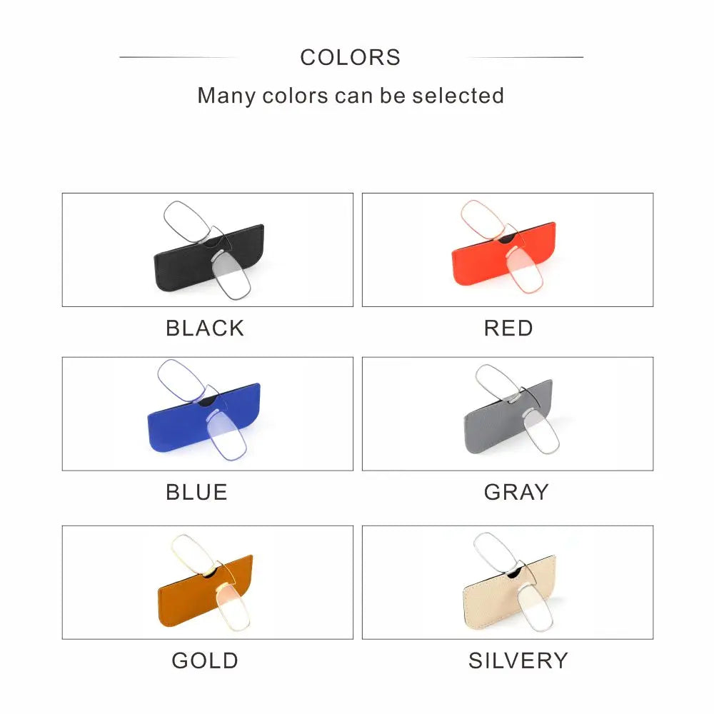 Portable Rectangle Reading Glasses for Men — Clip-On Nose Bridge Metal Frame with Case, Prescription +1 to +3