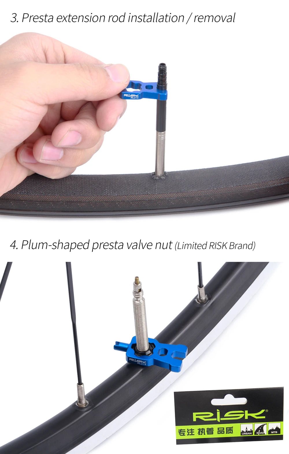 RISK 4-in-1 Bike Valve Core Wrench – Portable Road Bicycle Tool with 2 Presta Valve Caps for Installation & Removal