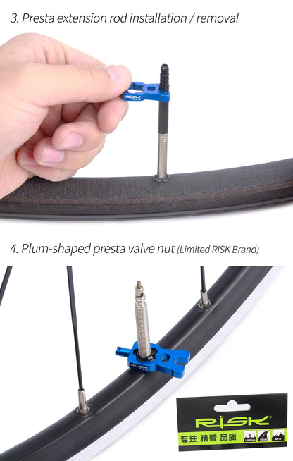 RISK 4-in-1 Bike Valve Core Wrench – Portable Road Bicycle Tool with 2 Presta Valve Caps for Installation & Removal