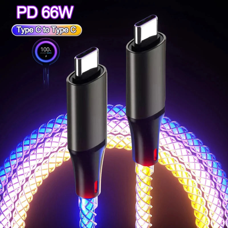 6A Fast Charging RGB Luminous Data Cable – 66W Type-C Charger for iPhone 15 Pro, Huawei, Samsung