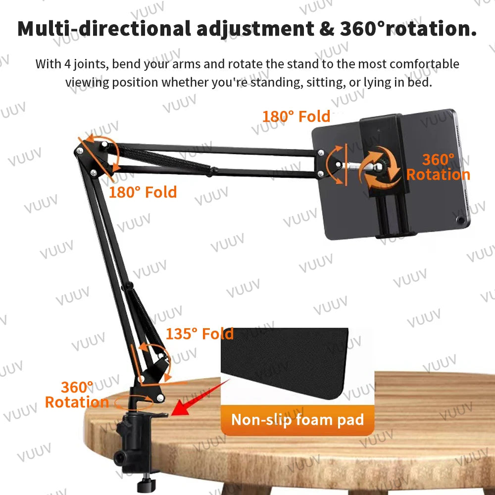 Adjustable Bed Tablet Stand: Aluminum Arm Mount for 4-12.9 inch Tablets & Phones | Support for iPad Mini, Bed or Desk Use