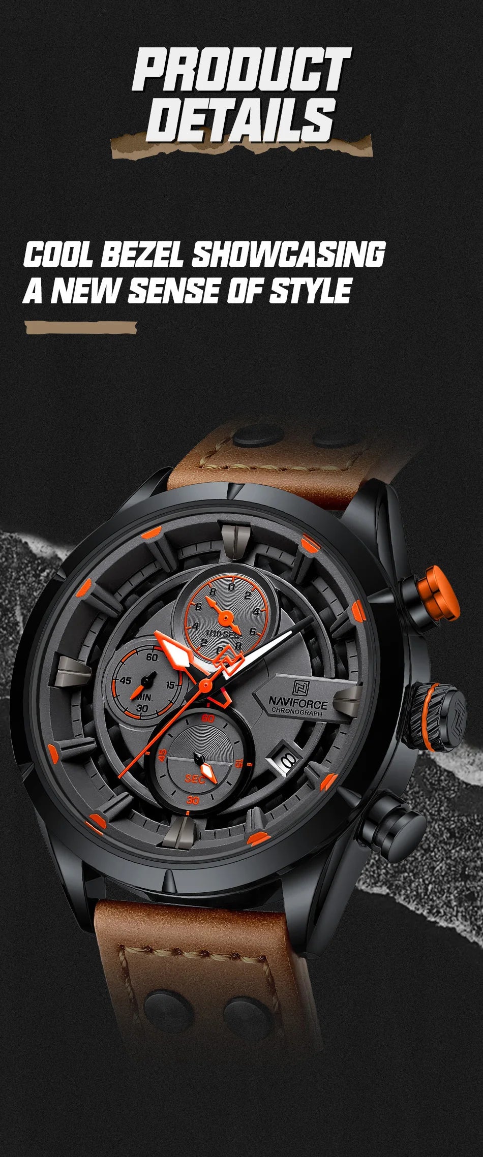 NAVIFORCE Men's Casual Watch – Luxury Waterproof Chronograph Quartz Wristwatch with Genuine Leather Strap