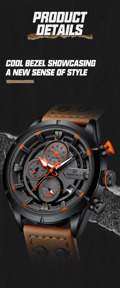 NAVIFORCE Men's Casual Watch – Luxury Waterproof Chronograph Quartz Wristwatch with Genuine Leather Strap