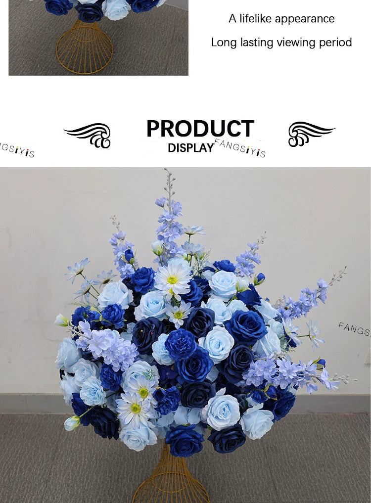 Large White/Blue Rose Flower Ball – 80-30cm Artificial Floral Bouquet for Wedding & Event Table Centerpiece Decoration