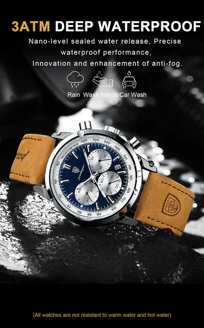 POEDAGAR Men's Luxury Sports Watch – Genuine Leather, Chronograph, Waterproof, Luminous Quartz Wristwatch