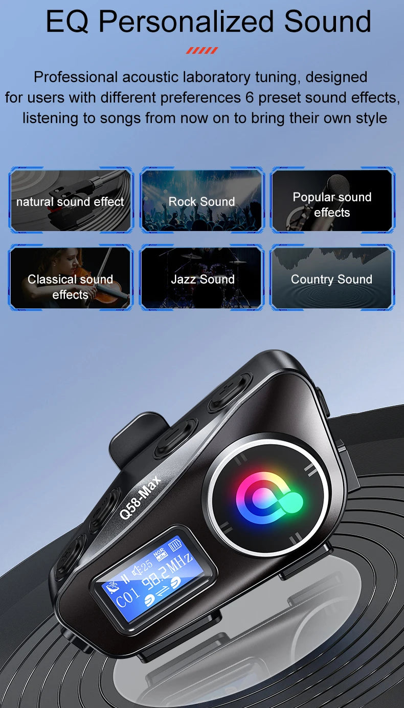 Q58 Max Motorcycle Helmet Bluetooth Intercom – IP65 Waterproof, 500M Range, Multi-Scene Music Sharing