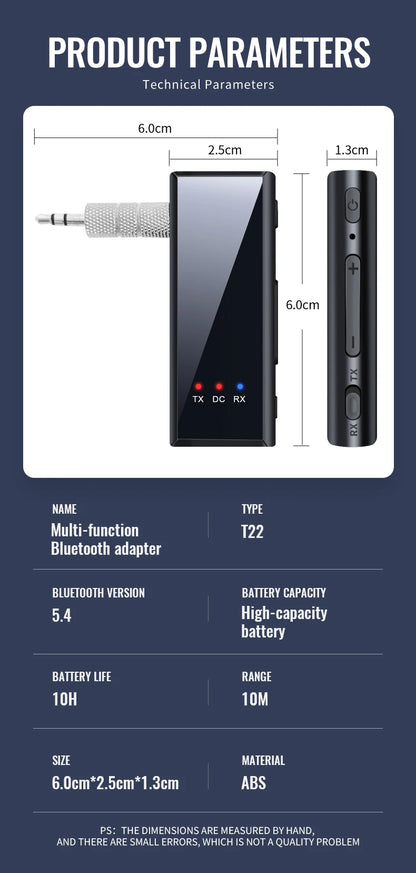 Bluetooth 5.4 Audio Transmitter Receiver – 3.5mm AUX Wireless Adapter with Mic & TF Card Support for Car, TV & PC