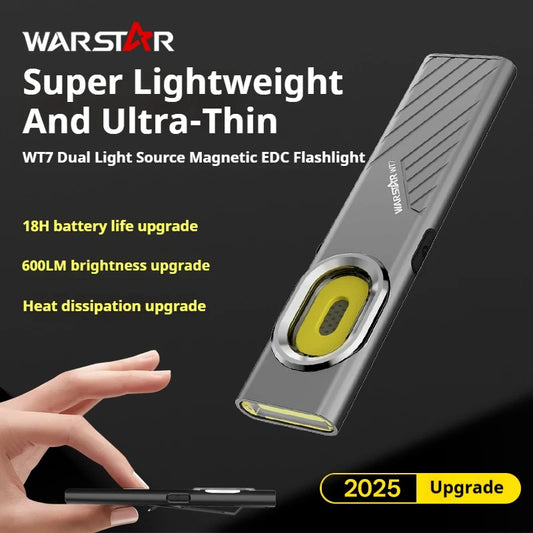 Warstar T7 Dual-Light Magnetic Flashlight – 600 Lumen Ultra-Thin Portable Work Light with Back Clip, Multiple Colors