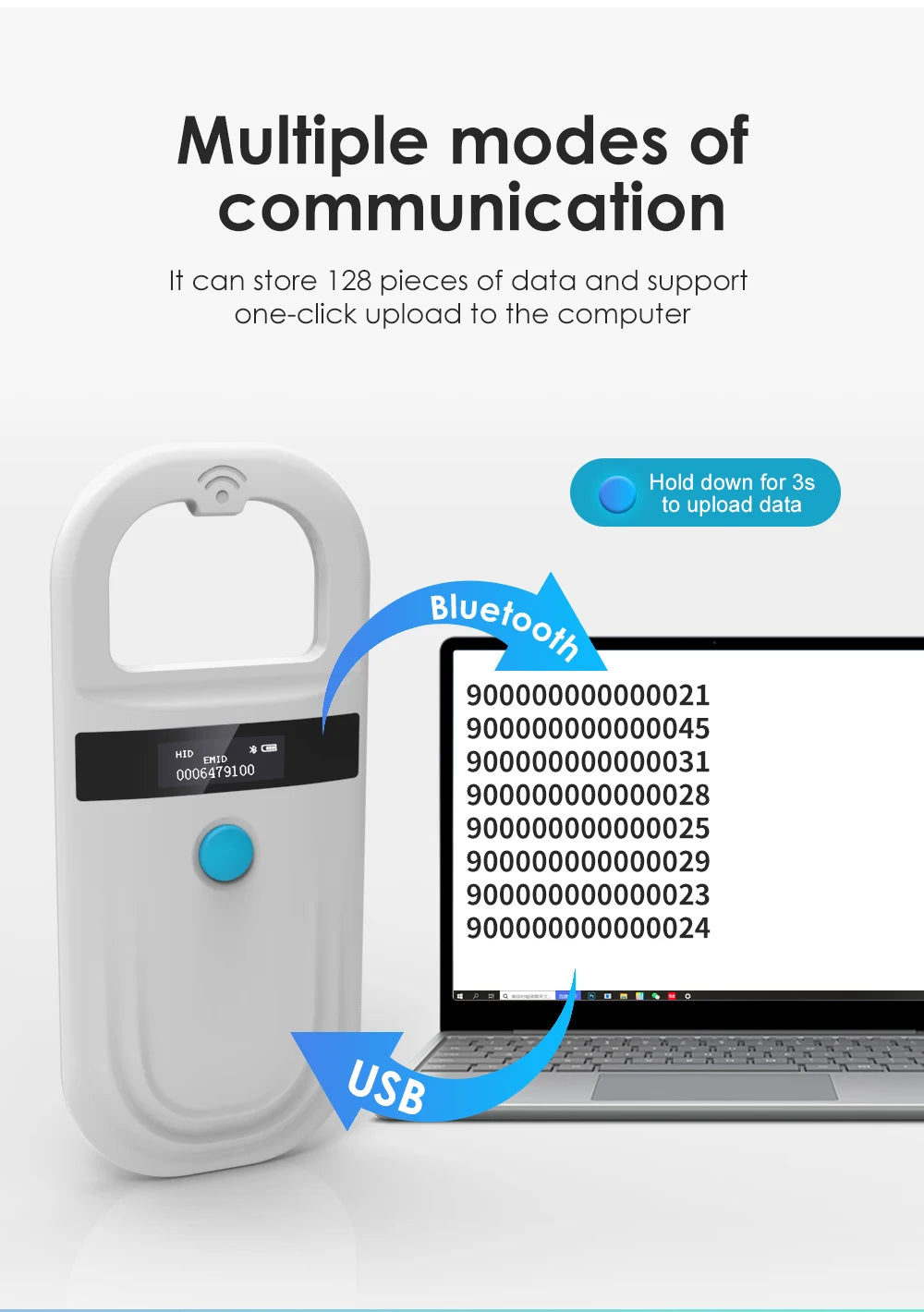 Handheld Animal RFID Reader - 134.2KHz & 125kHz Pet Microchip Scanner, USB/Bluetooth Tag Reader for Cats & Dogs with Tags