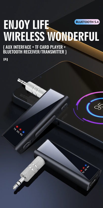 Bluetooth 5.4 Audio Transmitter Receiver – 3.5mm AUX Wireless Adapter with Mic & TF Card Support for Car, TV, PC