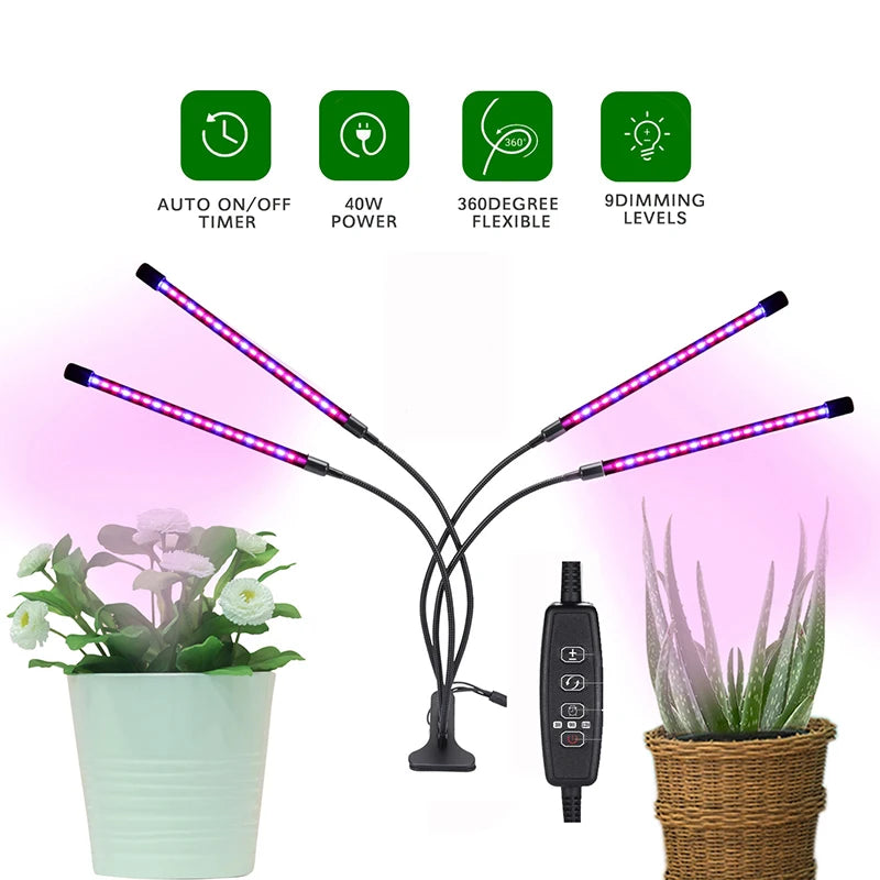 1/2/3/4 Head LED Plant Grow Light — Clip-On Full Spectrum Lamp with USB, Dimmable, Timer & 3-Color Switching for Indoor Plants