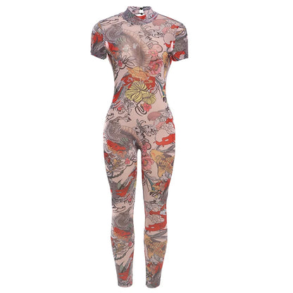 Weird Puss See-Through Jumpsuit for Women - Backless Dragon Print Short Sleeve Fitness & Workout Slim Stretch Clubwear