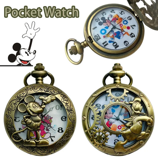Disney Mickey Mouse Pocket Watch – Vintage Cartoon Quartz Clock with Roman Numerals & Chain Pendant Necklace for Men & Women
