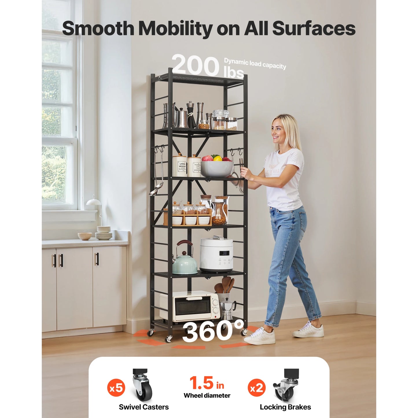 SucceBuy 3-6 Tier Black Foldable Storage Shelf — Wheeled Metal Rack Organizer for Kitchen & Garage