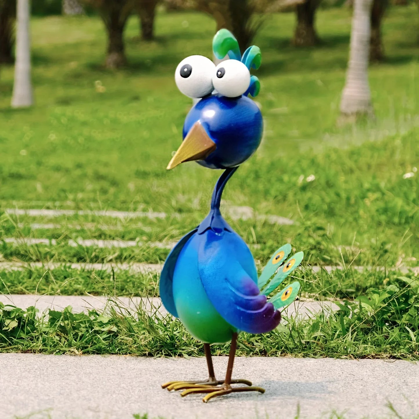 Blue Metal Peacock Sculpture — 3D Outdoor Garden Statue for Yard, Lawn, Backyard, Porch & Pond Decor
