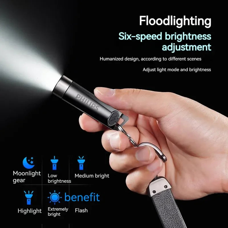 PHILIPS EDC LED Flashlight - Rechargeable Mini Keychain Light for Camping, Hiking & Self-Defense
