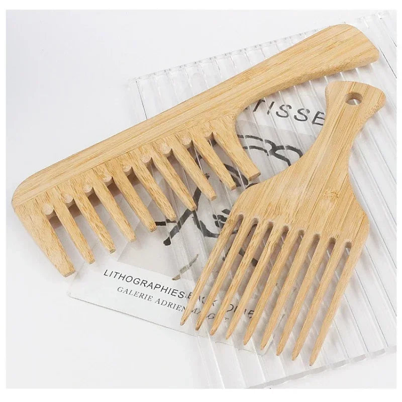 Natural Bamboo Wooden Hair Comb – Anti-Static Afro Fork, Wide Tooth Round Comb & Hair Brush for Women