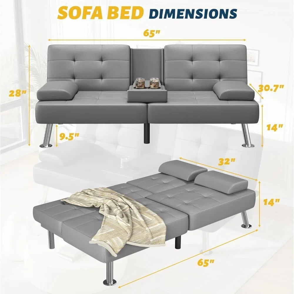 Adjustable PU Leather Futon Sofa Bed with Built-in Cup Holders – Modern Convertible Sleeper Couch