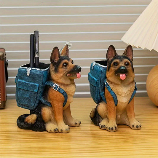 Creative Dog Desk Pencil Holder – Resin German Shepherd Pen Storage Sculpture, Office Desk Ornament & Utensil Rack