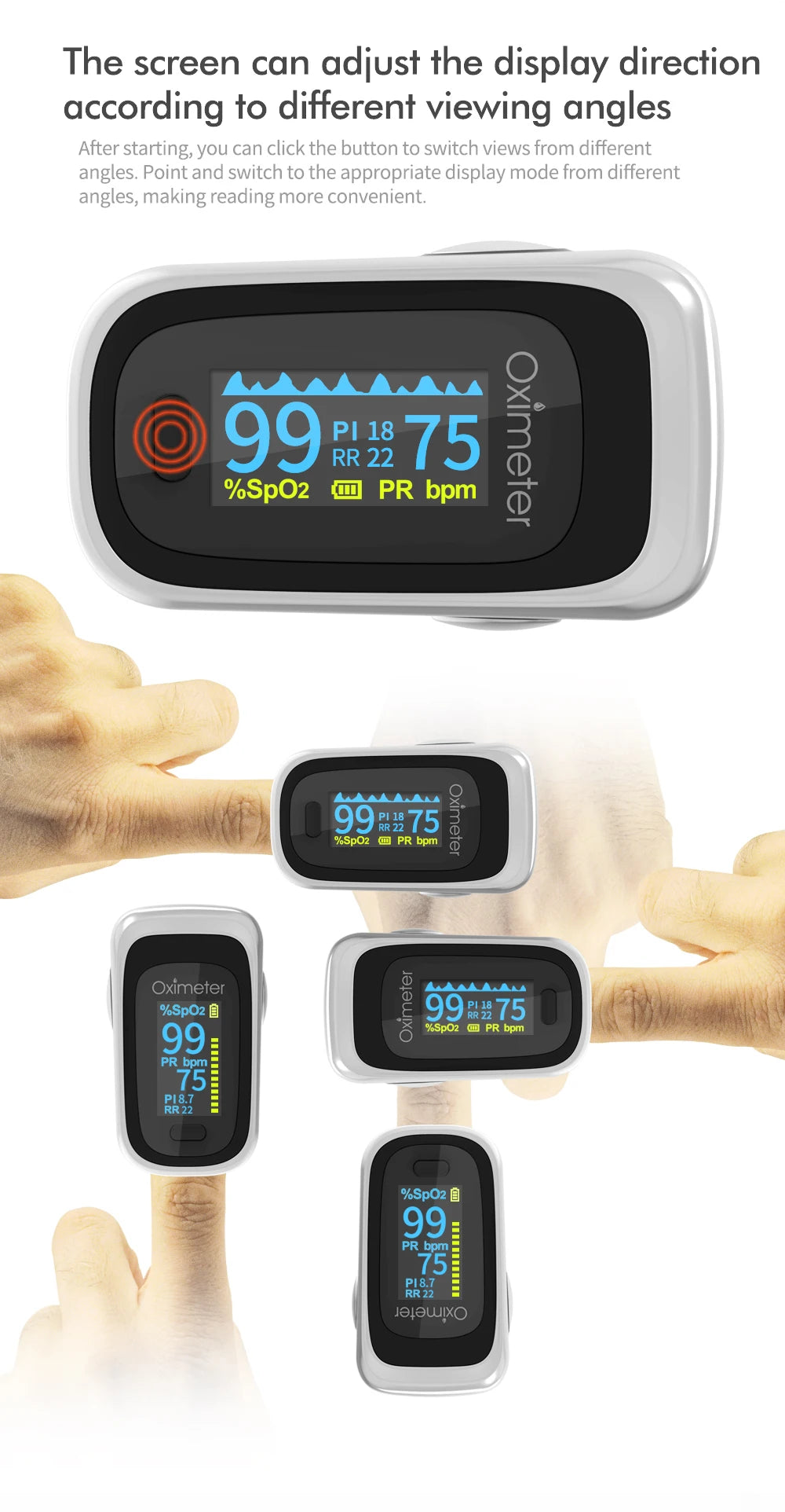 Kiuzou Medical Portable Finger Pulse Oximeter – Blood Oxygen, Heart Rate, Saturation Monitor with OLED Display