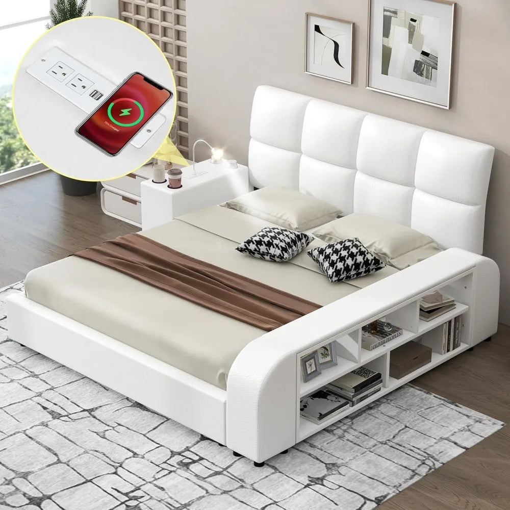 Queen Size Smart Upholstered Bed Frame – White Faux Leather Platform with Storage Shelves, Headboard & Multimedia Nightstand