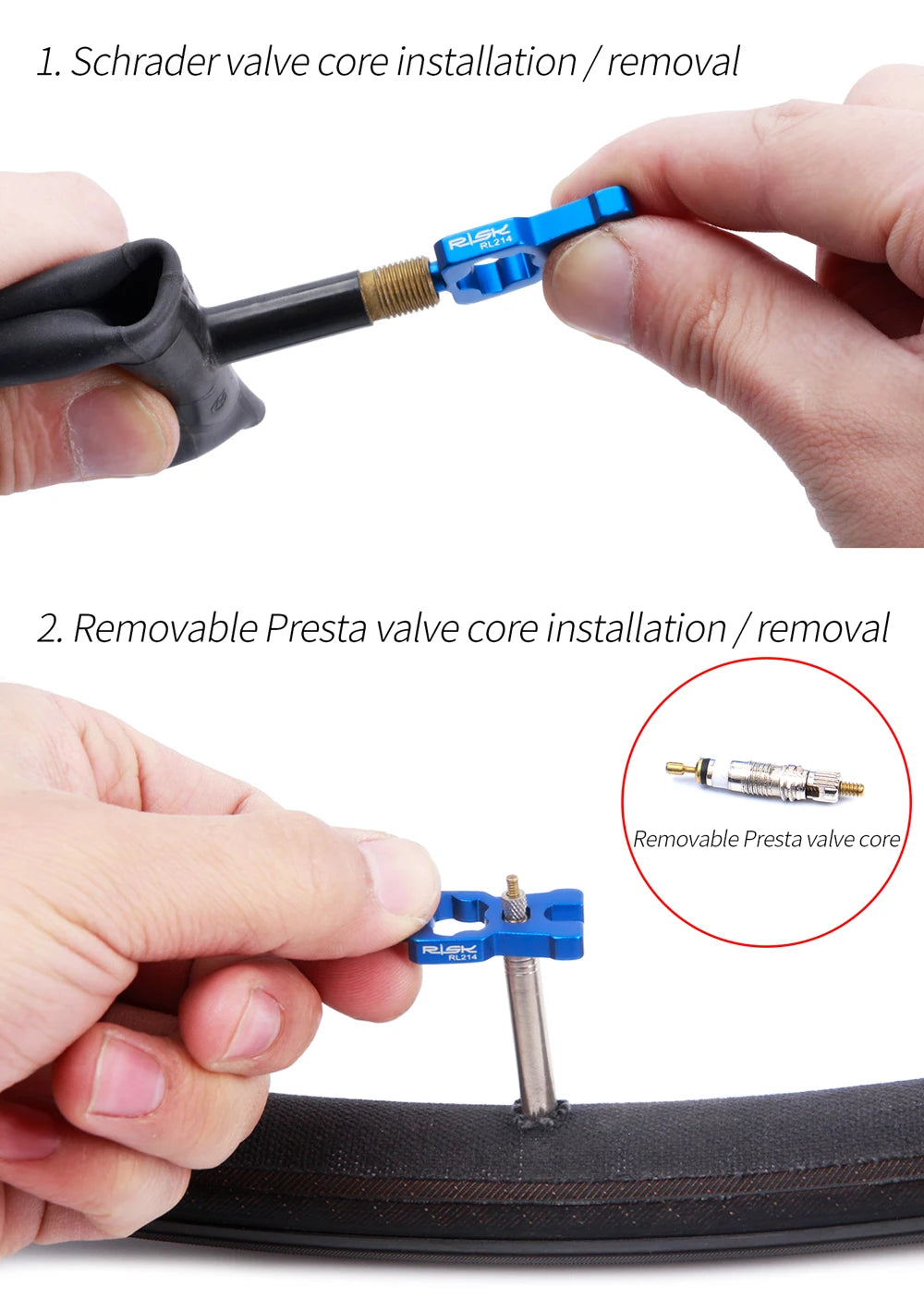 RISK 4-in-1 Bike Valve Core Wrench – Portable Road Bicycle Tool with 2 Presta Valve Caps for Installation & Removal