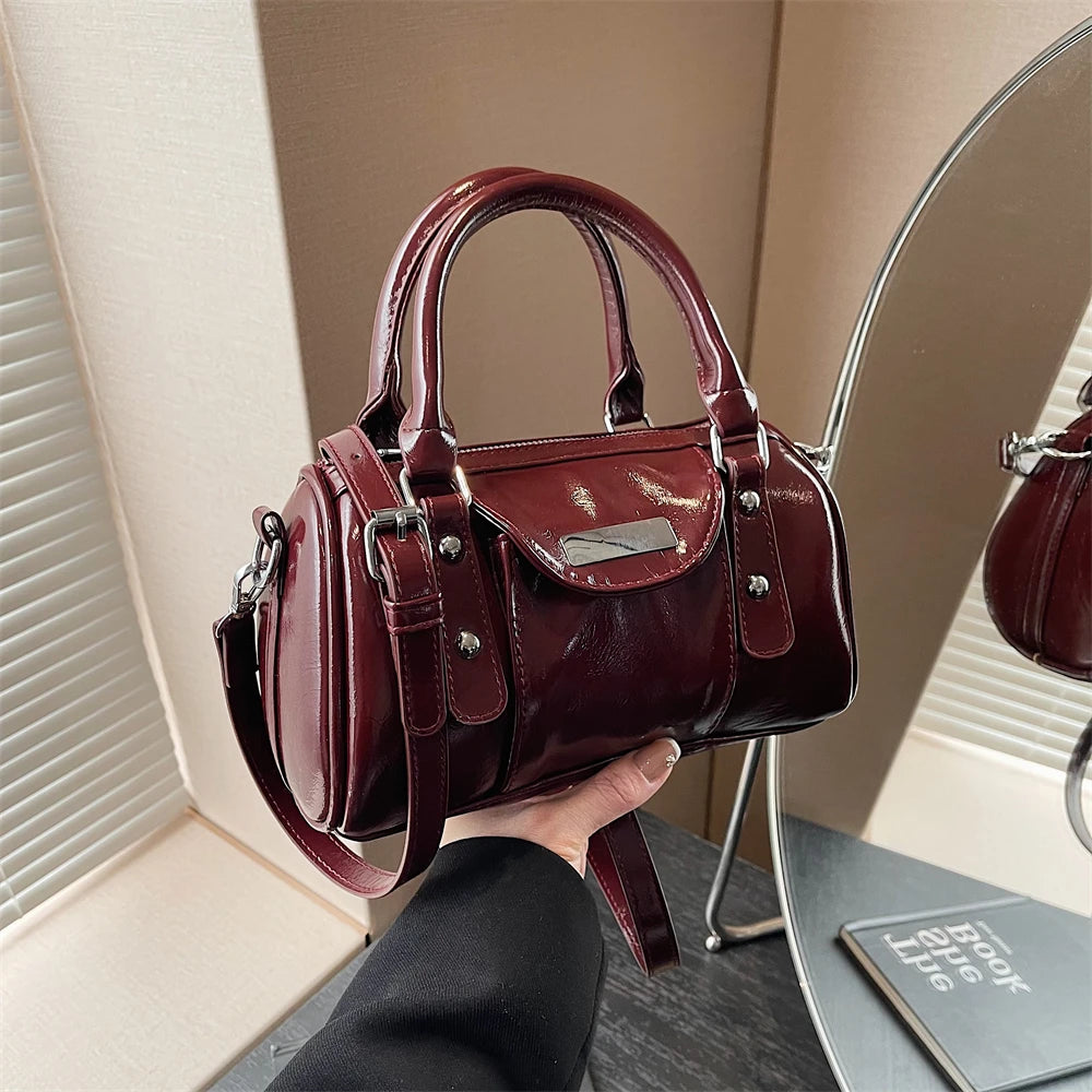 Burgundy Mini Top-Handle Bag for Women — PU Leather Shoulder & Crossbody Handbag 2024 Luxury Designer