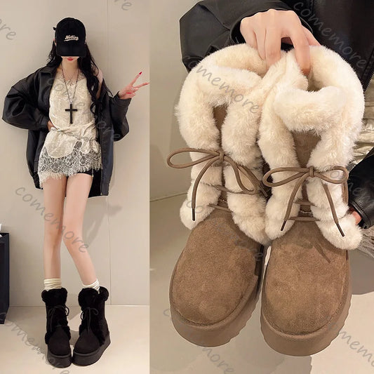 Comemore Women’s Winter Fur Snow Boots – Lace-Up Fluffy Plush Platform Ankle Boots with Thick Cotton Padding