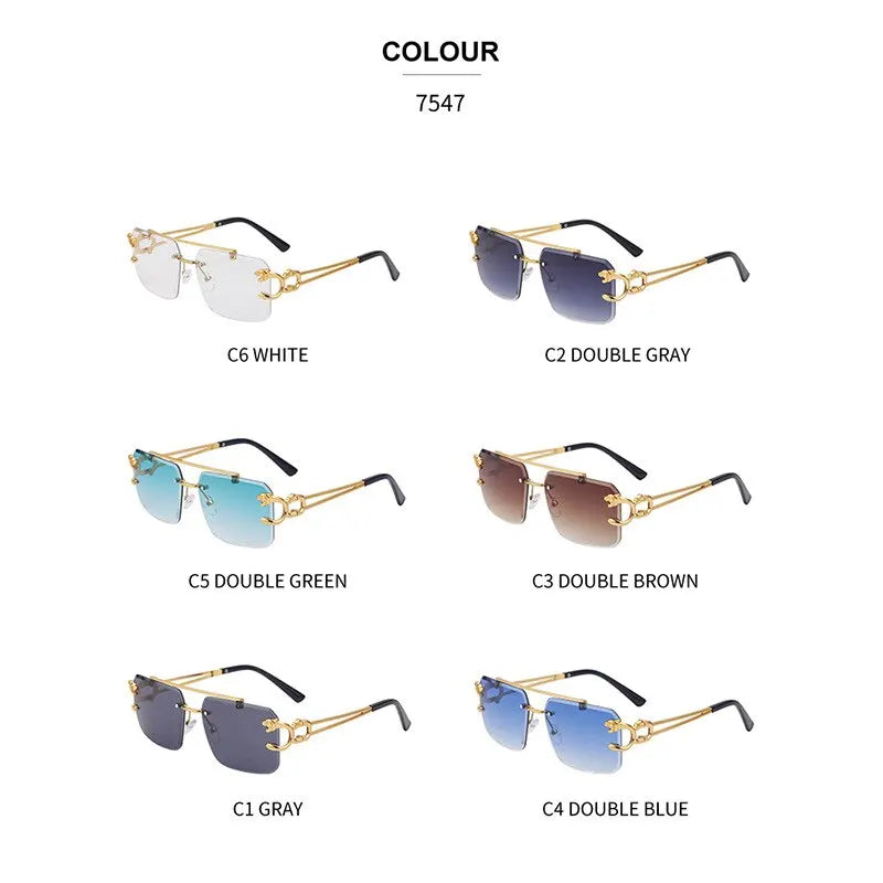Metal Leopard Rimless Sunglasses: Gradient Ocean Film Shades with Double Bridges - Fashion UV400 Eyewear
