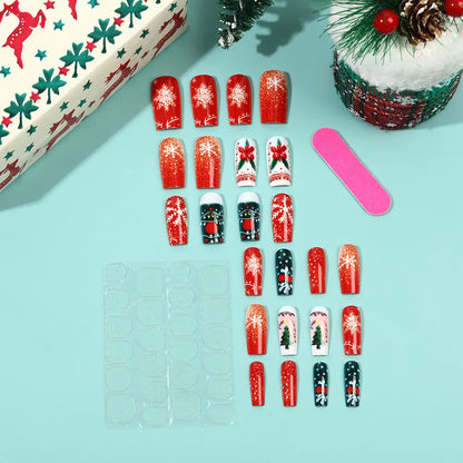 Medium Long Christmas Fake Nails – Square & Almond Tips with Tree, Snowflake & Snowman Designs