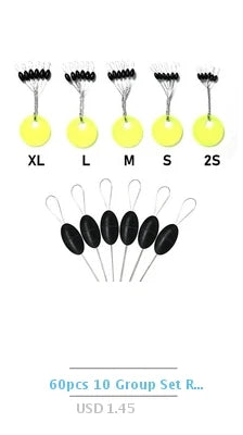 60pcs Rubber Space Bean Fishing Stoppers – 10-Group Oval Float Stopper Set for Carp & Fly Fishing