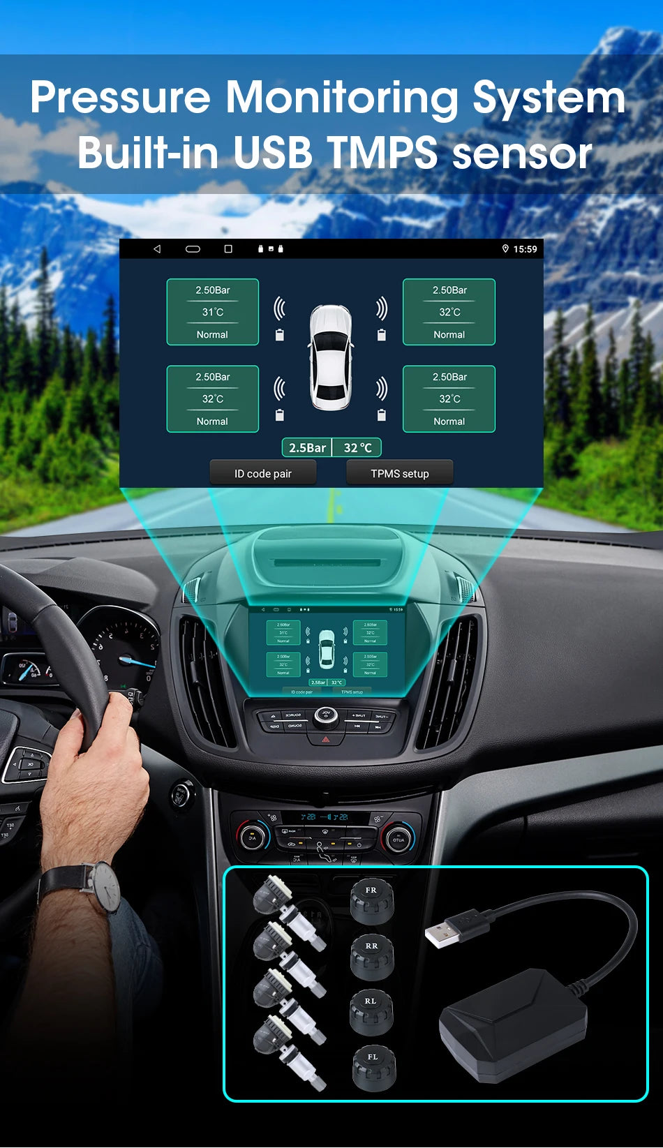 JMCQ USB Android TPMS Tire Pressure Monitoring System – 5 Internal/External Sensors with Display & Alarm for Car Navigation Radio