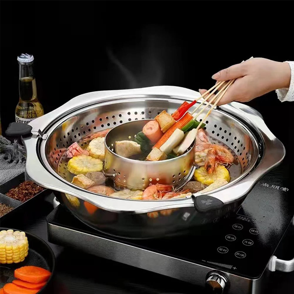 Stainless Steel Rotating Lift Hot Pot - Dual-Sided Mandarin Duck Shabu Shabu & BBQ Steam Pot, Chinese Kitchen Hotpot with Barbecue Feature