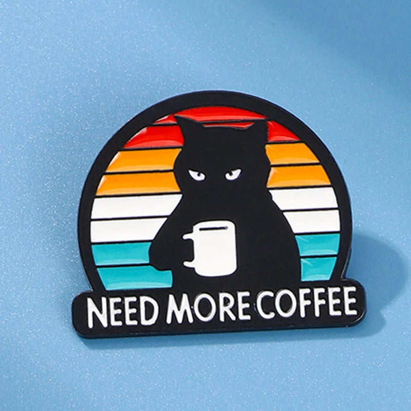 "Need More Coffee" Black Cat Brooch — Funny Coffee-Themed Letter Pin Badge