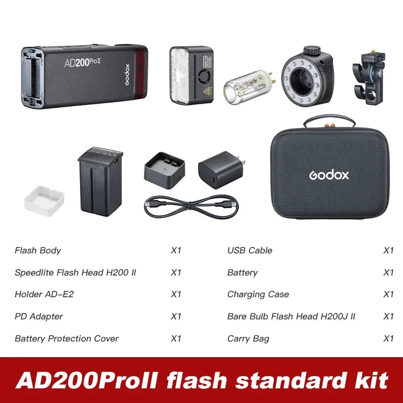 Godox AD200 Pro II Flash – 200Ws, 1/8000 HSS, 2980mAh Battery, 2.4G Wireless X System, Bi-Color Modeling Lamp Speedlight Flash