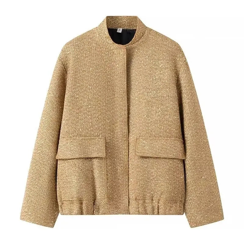 Nlzgmsj Women's Shiny Sequin Jacket – Y2K Gold Stand Collar Long Sleeve Short Coat, Autumn/Winter High Streetwear